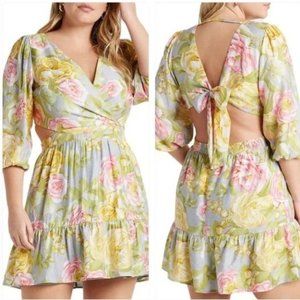 Express Floral Tie Back Mini Dress Size Large NWT Ruffle Hem Puff Sleeves